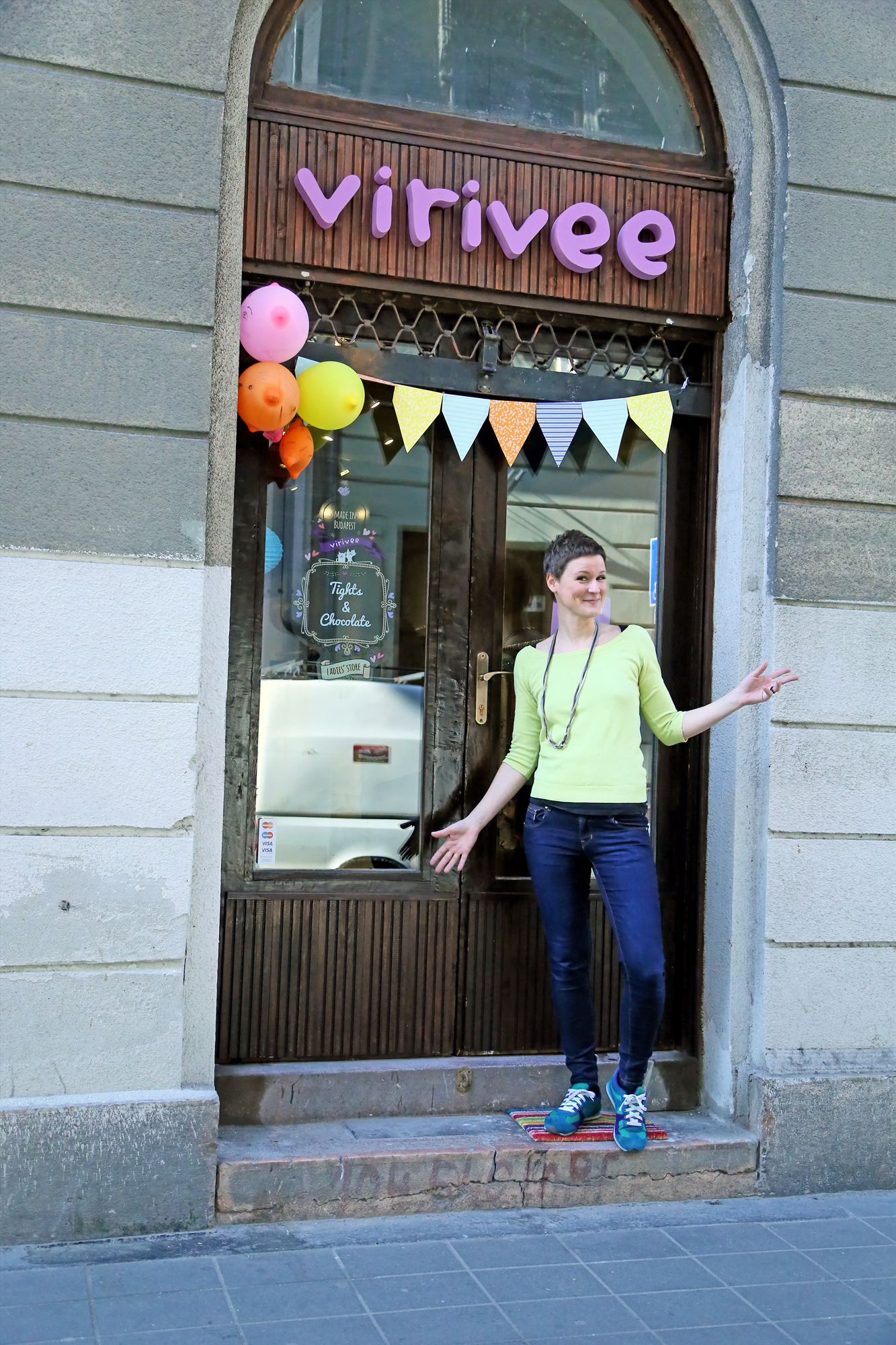 Viri in front of the Virivee store in Budapest